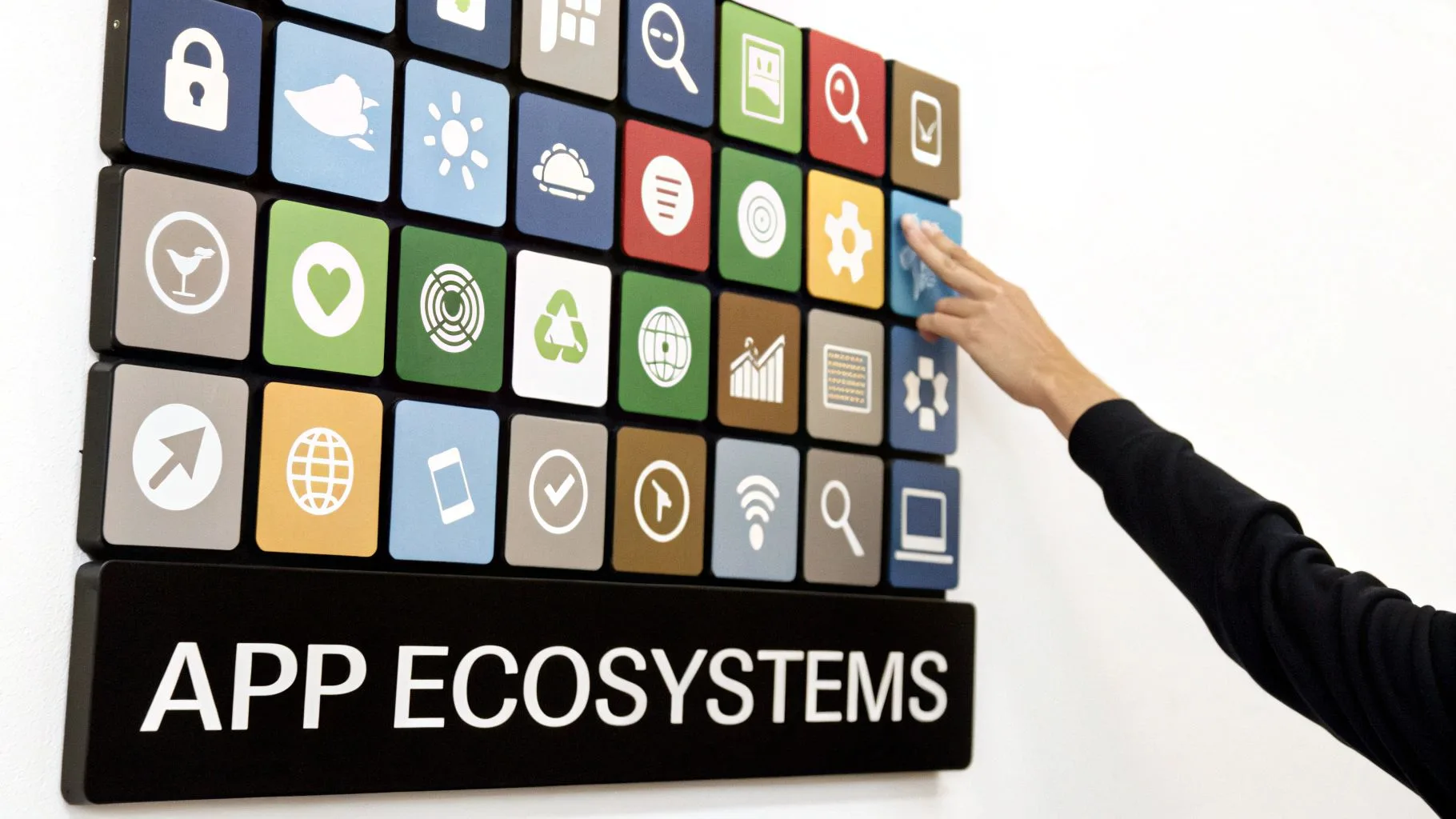 A hand interacts with a vibrant wall display of diverse app icons and 'APP ECOSYSTEMS' text.