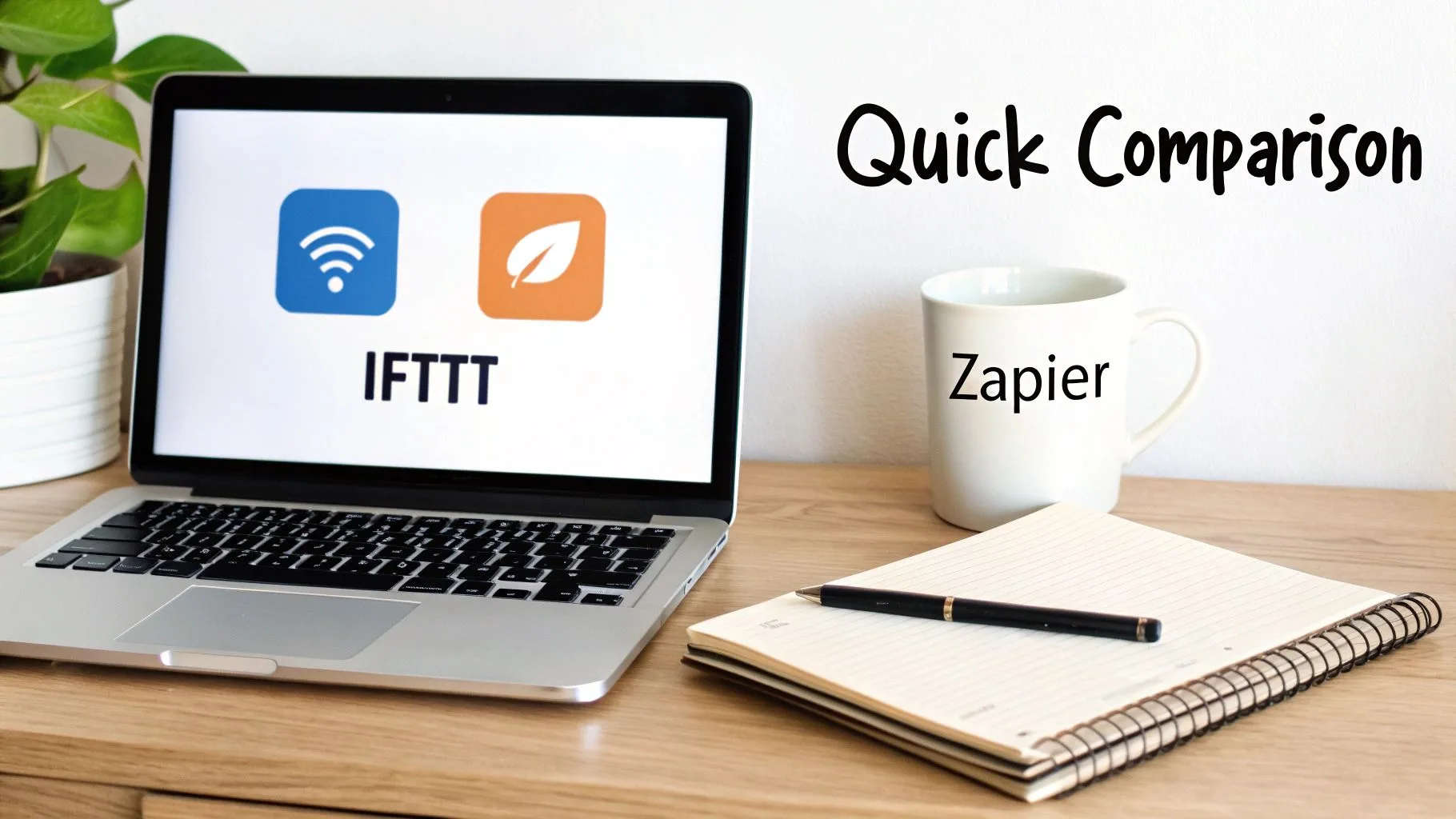 A laptop displays IFTTT logos, next to a Zapier mug, comparing automation platforms.
