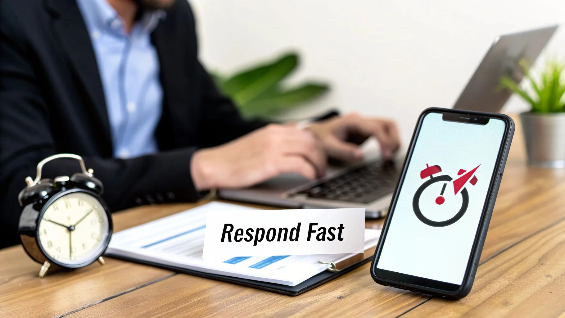 Businessman works on laptop, with an alarm clock, phone displaying a timer, and 'Respond Fast' sign.