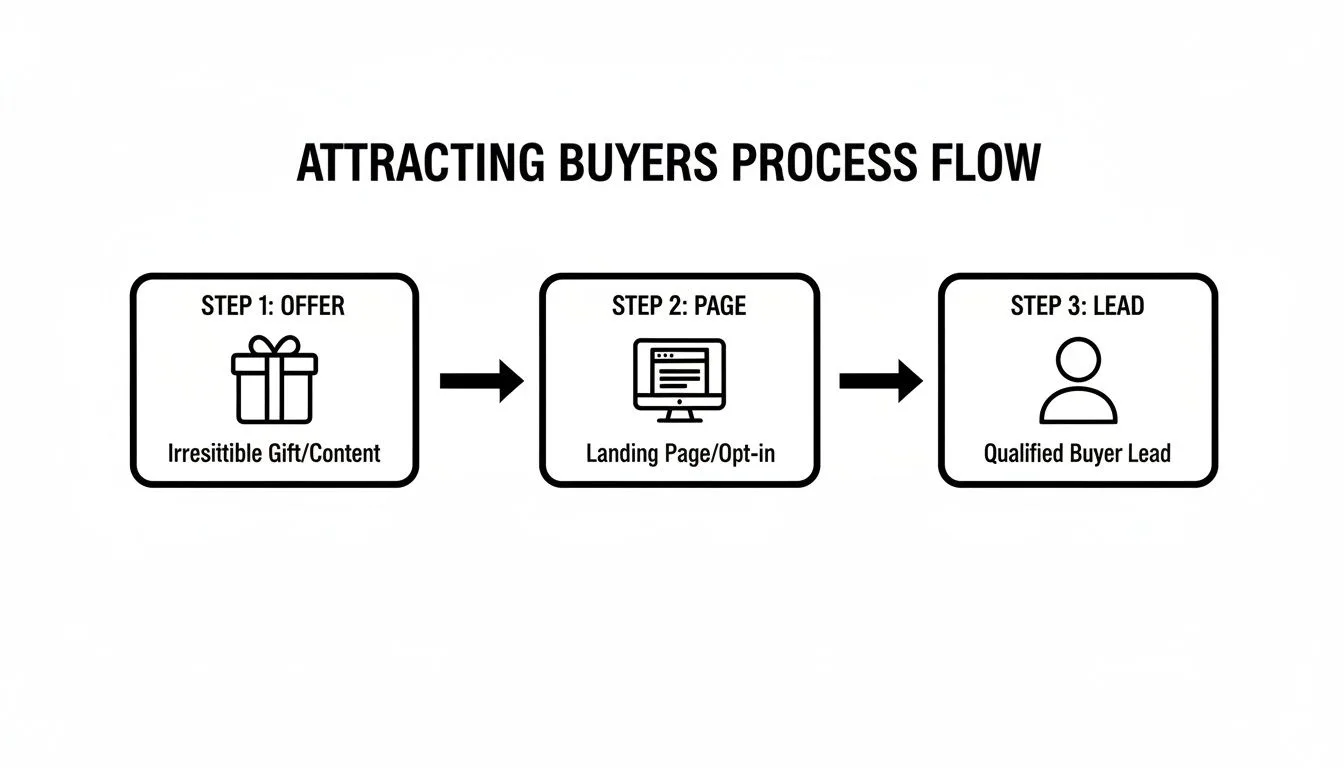 A three-step process flow diagram shows attracting buyers: Offer, Landing Page, and Qualified Lead.