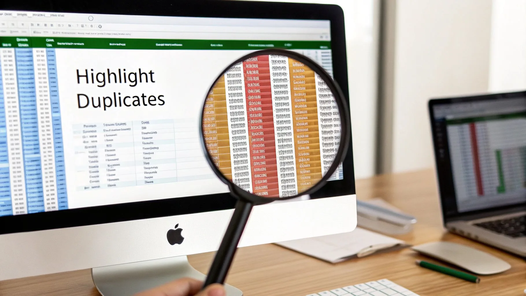 A hand holding a magnifying glass over an iMac screen highlighting duplicate data in a spreadsheet.