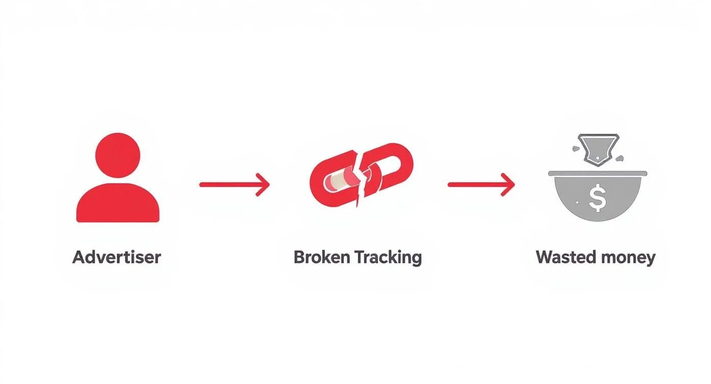 A diagram illustrating how broken advertising tracking leads to wasted money for advertisers.
