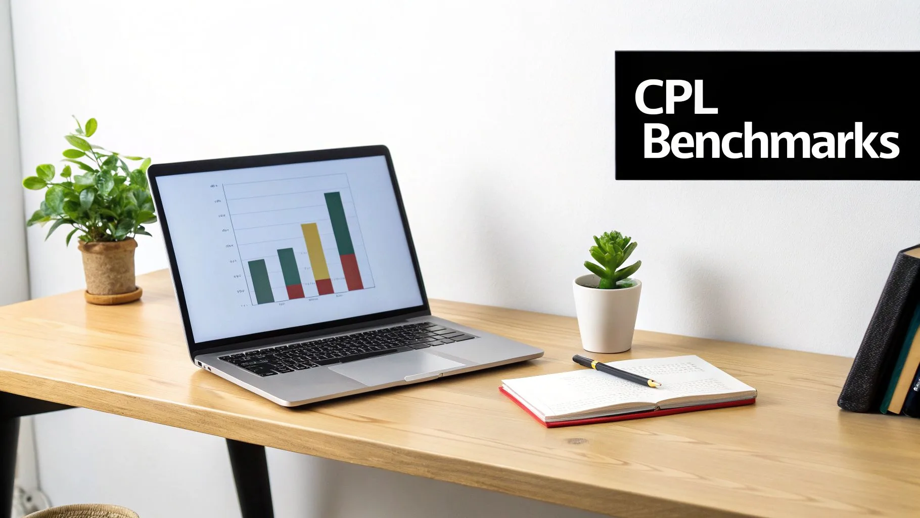 A clean wooden desk with a laptop displaying a bar chart and two green potted plants.