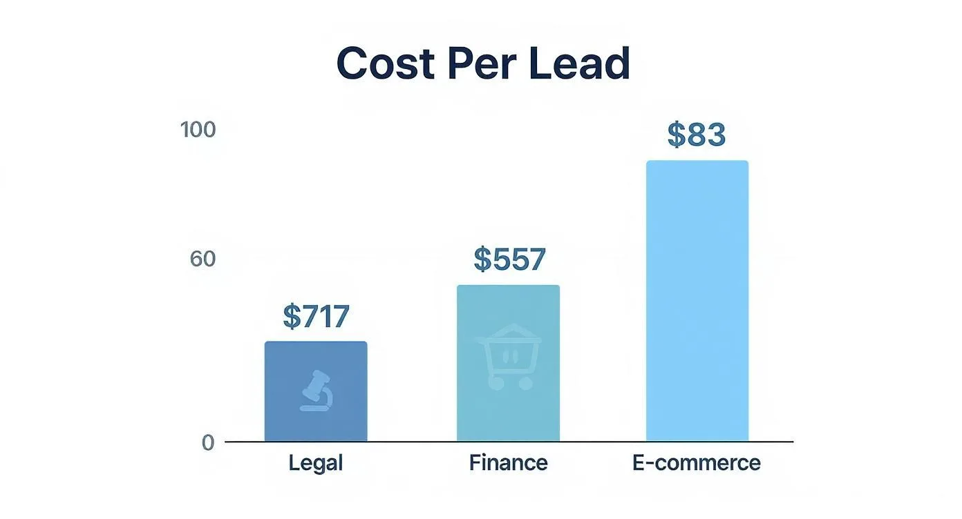 Bar chart comparing cost per lead by industry: Legal $717, Finance $557, E-commerce $83.