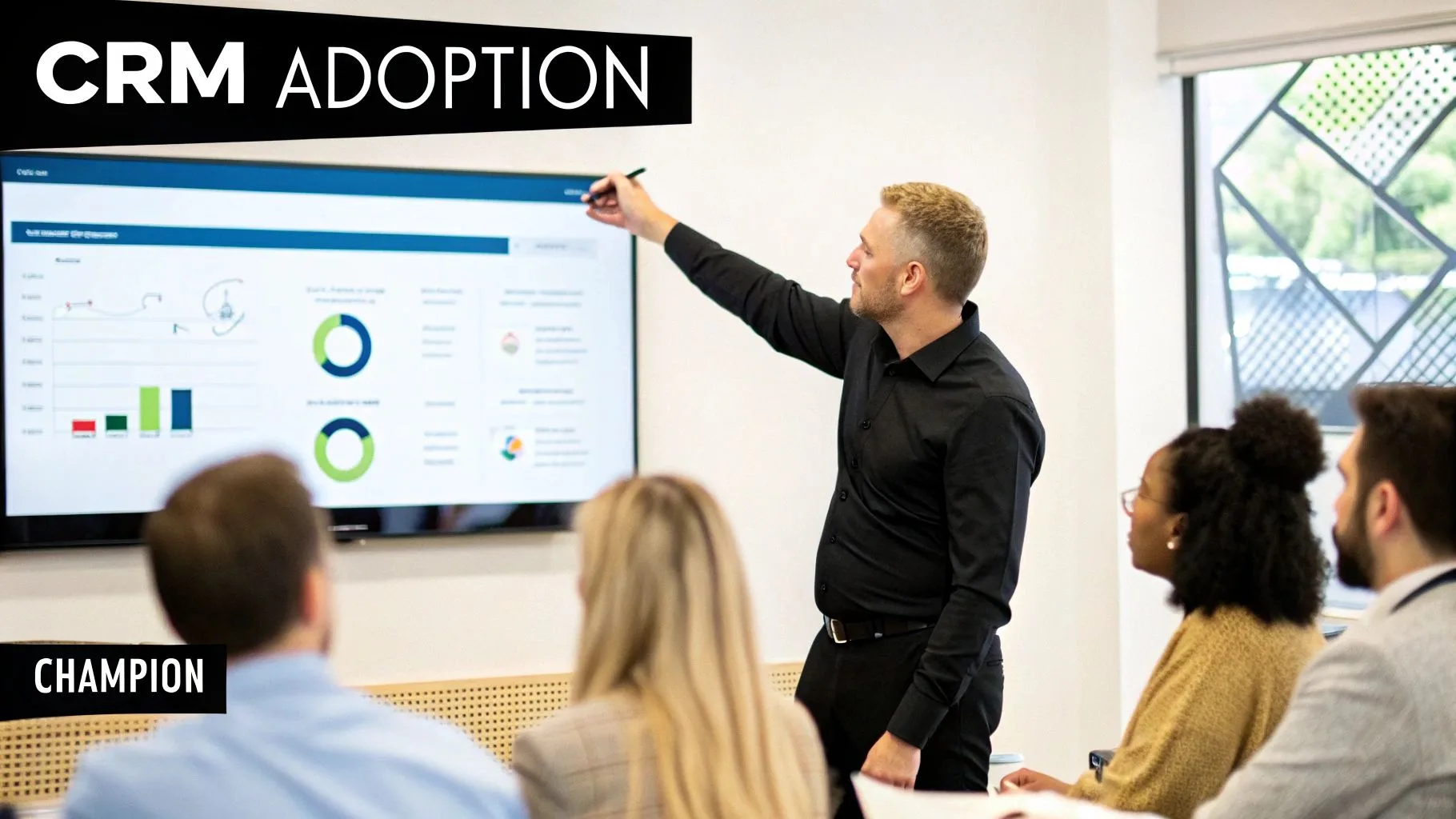 A man points at a large screen displaying CRM adoption data and charts to attentive colleagues.