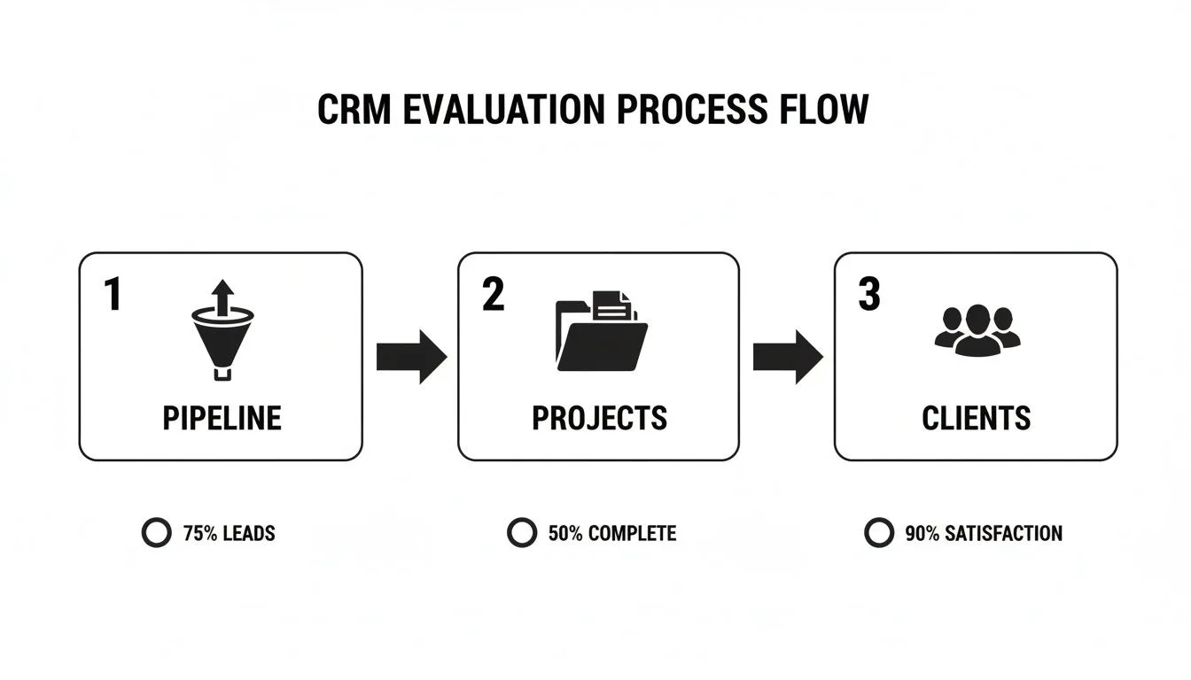 Flowchart illustrating a CRM evaluation process: Pipeline (75% Leads), Projects (50% Complete), Clients (90% Satisfaction).