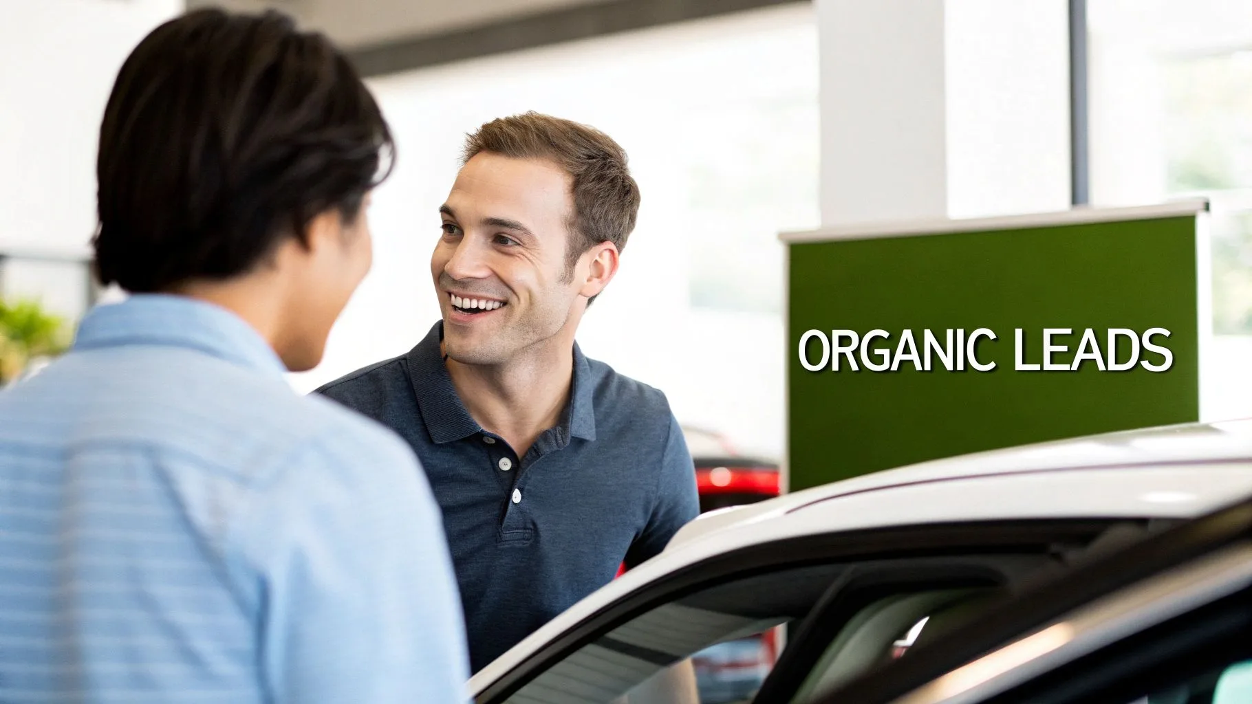 Smiling car dealer talking to a customer next to a car, with an 'Organic Leads' sign in the background.
