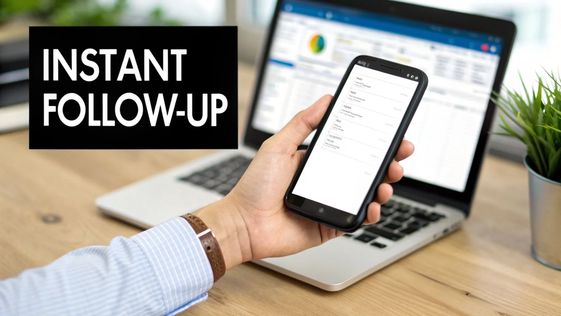A person's hand holds a smartphone showing data, with a laptop and 'INSTANT FOLLOW-UP' text.